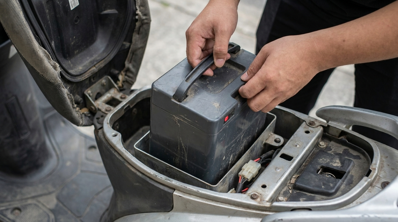 Bateria removível sendo encaixada no compartimento sob o banco da scooter elétrica