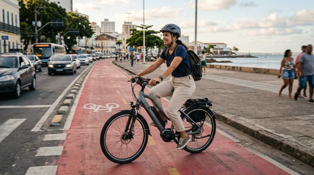 Pessoa pedalando bicicleta elétrica em ciclovia na cidade