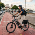 Pessoa pedalando bicicleta elétrica em ciclovia na cidade