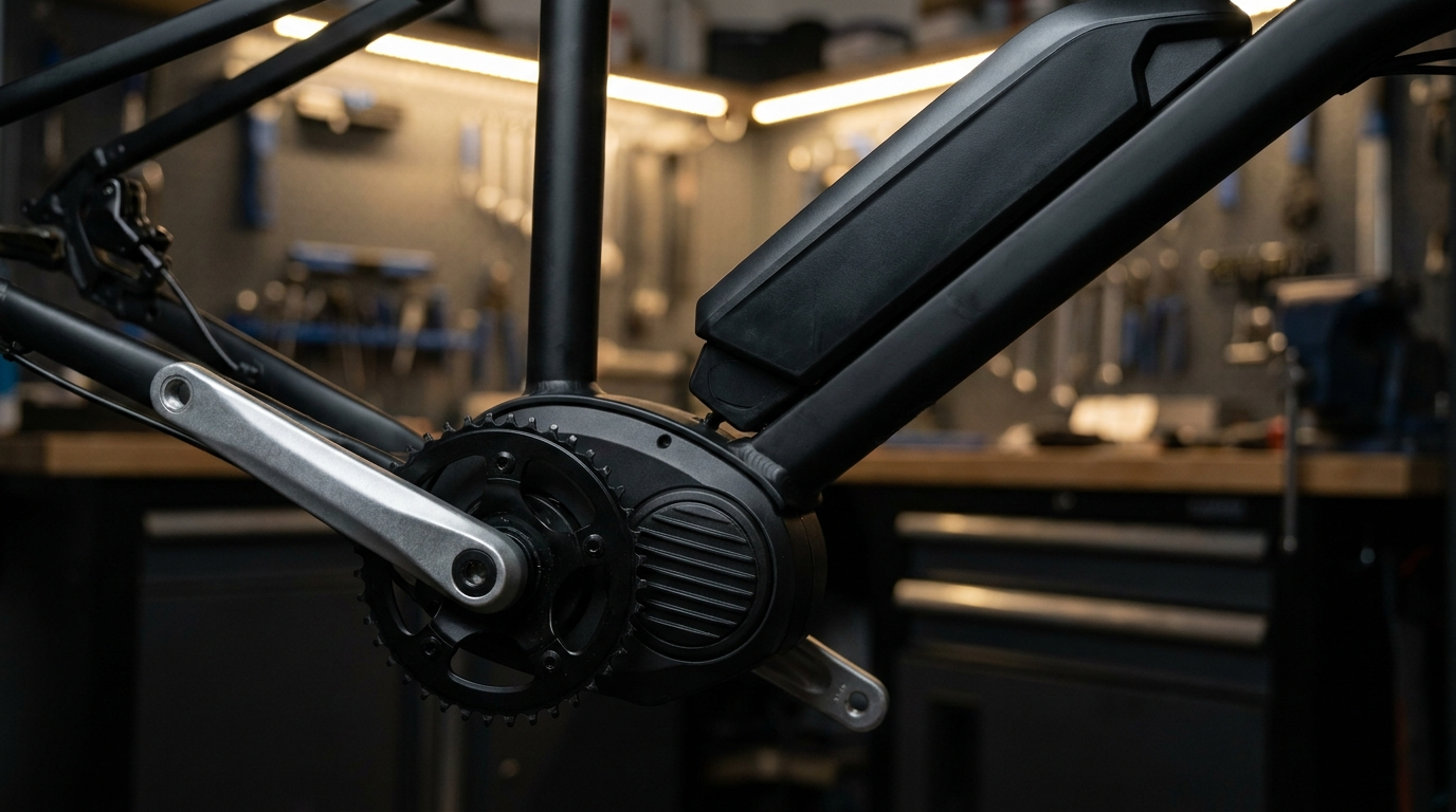 Detalhe do motor central e da bateria no quadro de uma bicicleta elétrica