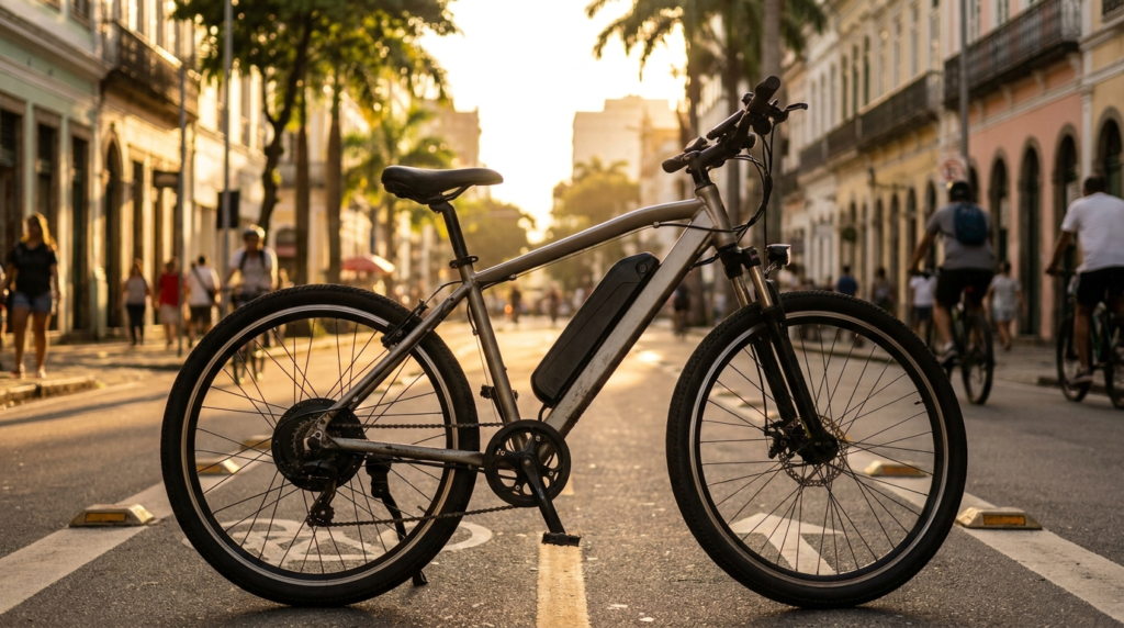 Bicicleta elétrica urbana estacionada em ciclovia com bateria no quadro