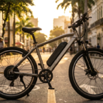 Bicicleta elétrica urbana estacionada em ciclovia com bateria no quadro