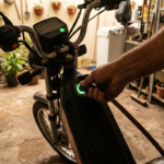 Carregador sendo conectado à porta de carga de uma moto elétrica na garagem