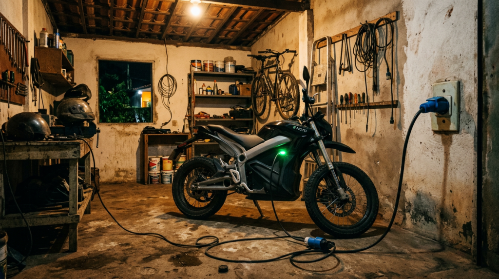 Moto elétrica conectada à tomada carregando na garagem à noite
