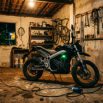 Moto elétrica conectada à tomada carregando na garagem à noite