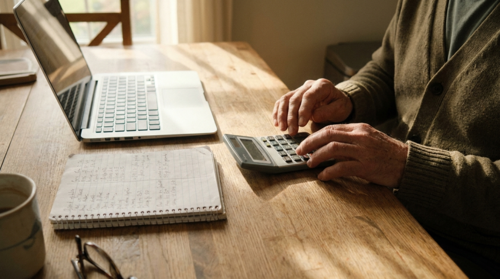 Pessoa usando calculadora ao lado de um notebook para planejar o orçamento em casa