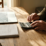 Pessoa usando calculadora ao lado de um notebook para planejar o orçamento em casa
