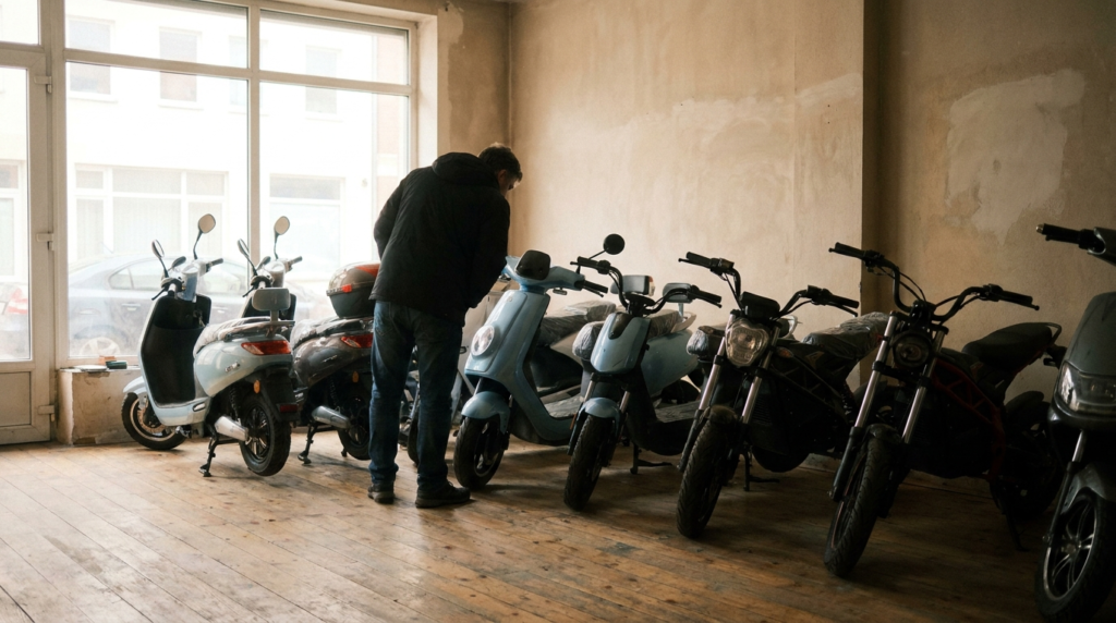 Cliente observa scooters e motos elétricas enfileiradas dentro de uma loja