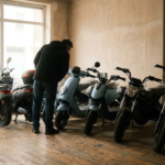 Cliente observa scooters e motos elétricas enfileiradas dentro de uma loja