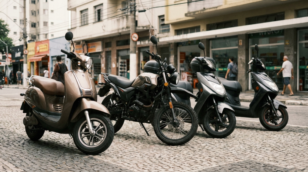 Fila de scooters e motos elétricas estacionadas em uma rua de comércio, sugerindo a escolha entre modelos