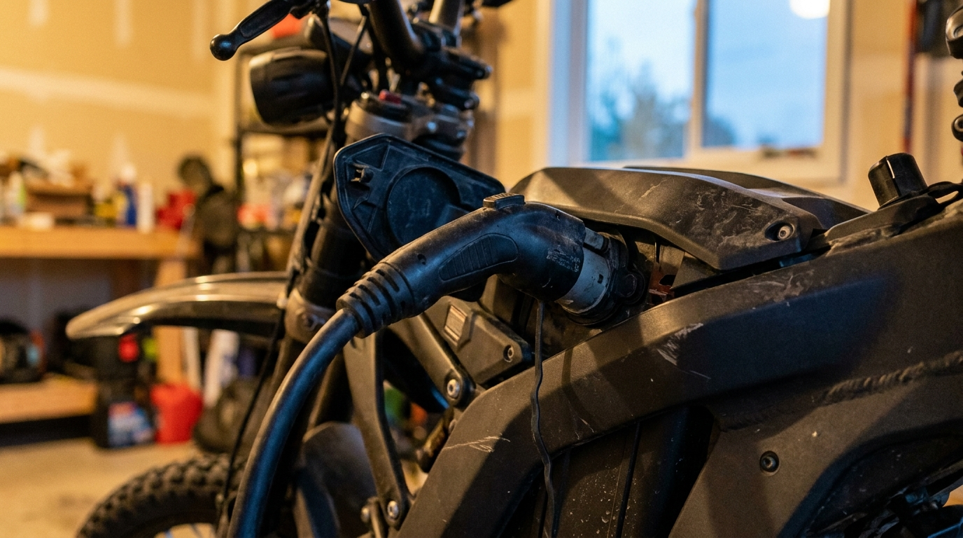 Cabo de recarga conectado a uma moto elétrica em uma garagem no fim de tarde