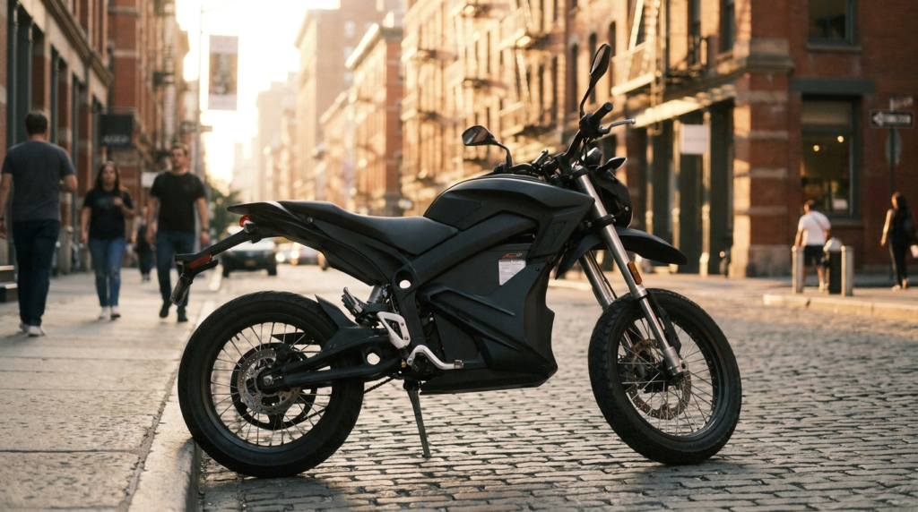 Moto elétrica de estilo naked preta estacionada em uma rua de paralelepípedos ao entardecer
