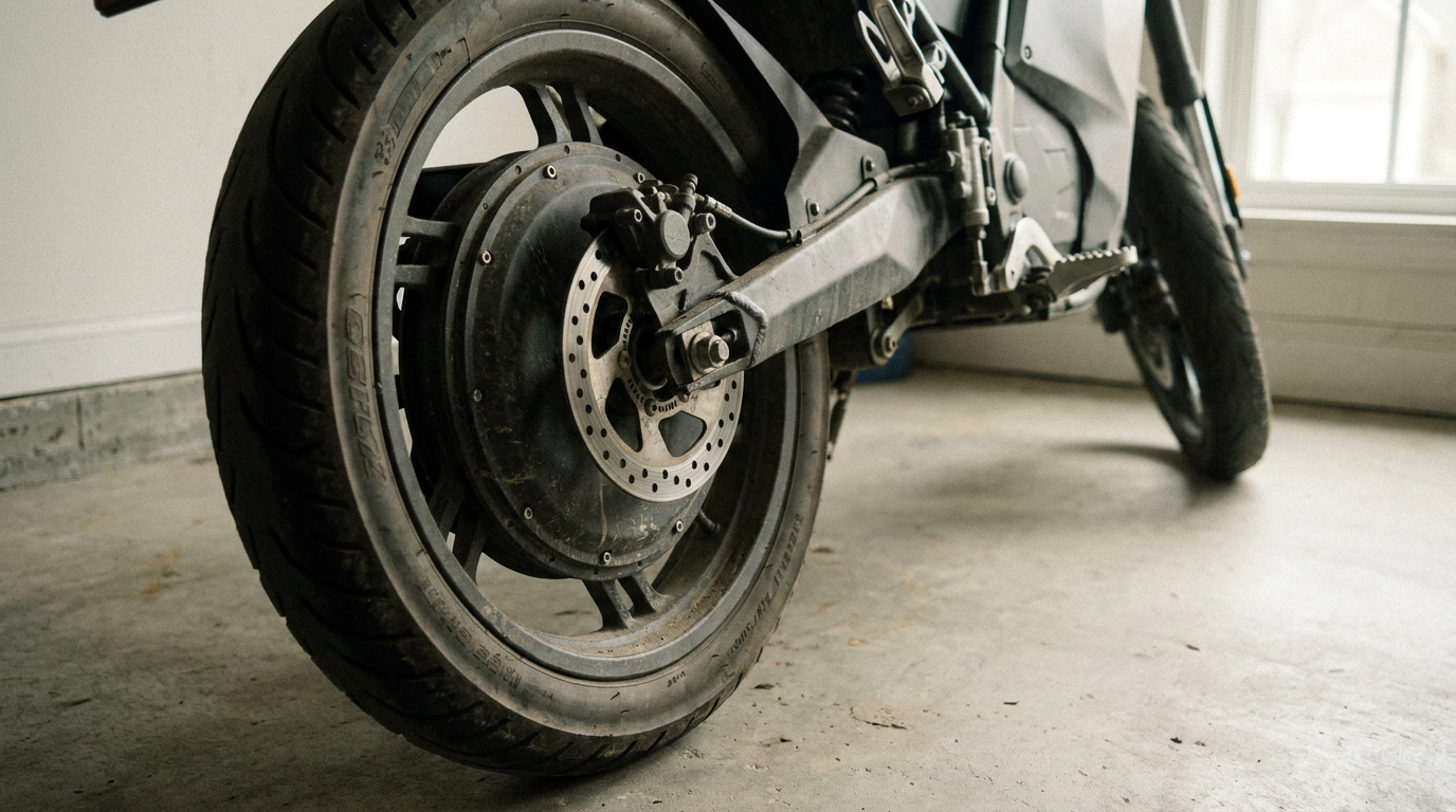 Detalhe da roda traseira e do motor no cubo de uma moto elétrica em uma garagem