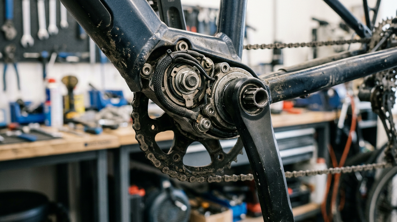 Detalhe do sensor de torque e do pedivela de uma bicicleta elétrica