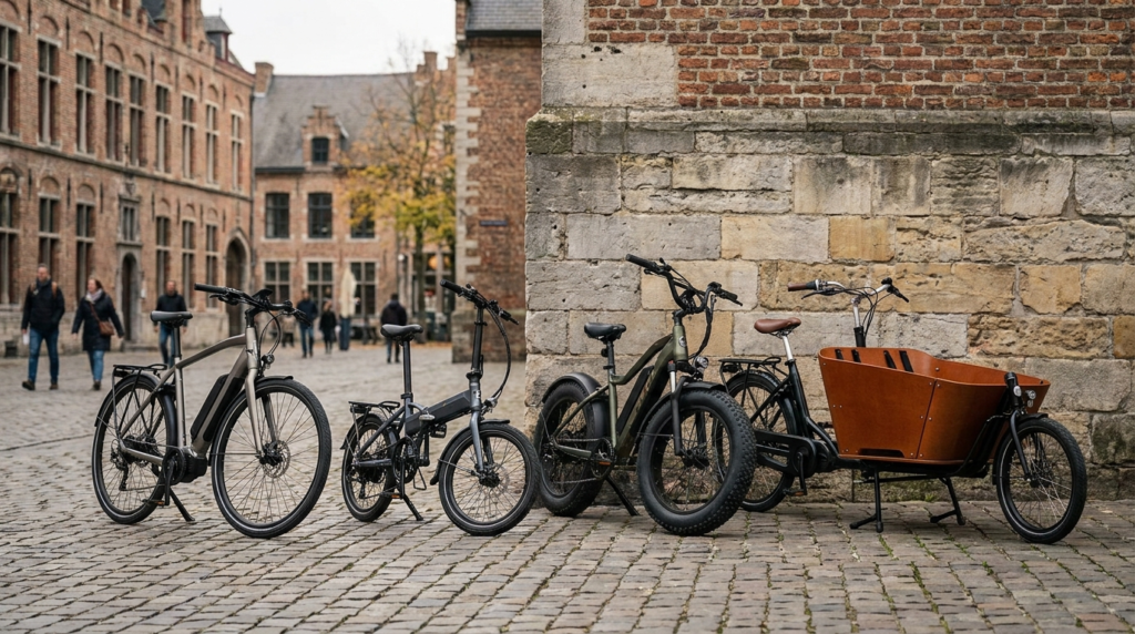 Vários tipos de bicicleta elétrica lado a lado ao ar livre