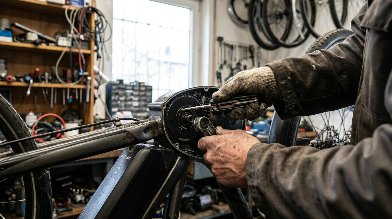 Mecânico inspecionando o motor e a bateria de uma bicicleta elétrica na oficina