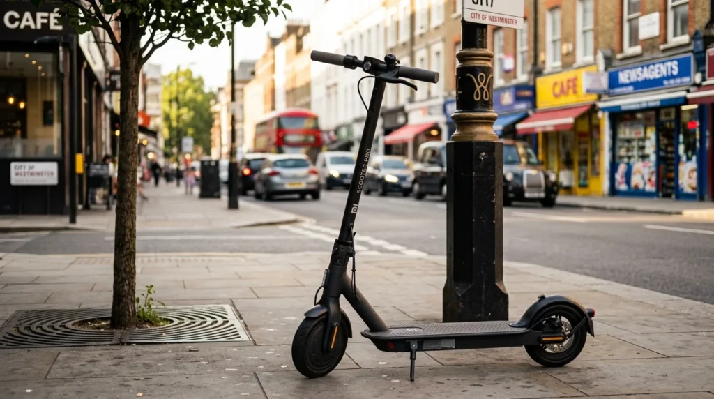Patinete elétrico estacionado numa calçada urbana ensolarada
