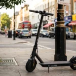 Patinete elétrico estacionado numa calçada urbana ensolarada