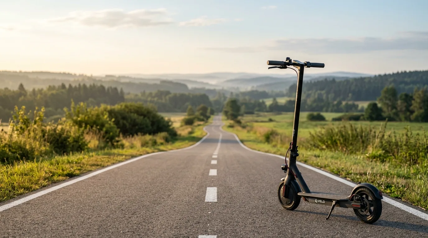 Patinete elétrico numa ciclovia que se estende ao horizonte
