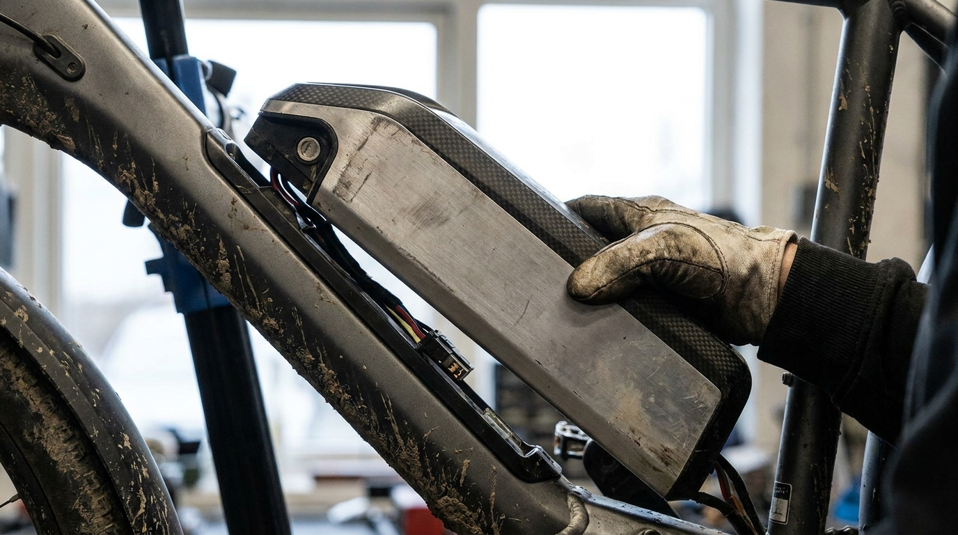 Bateria sendo retirada do quadro de uma bicicleta elétrica, a peça mais cara