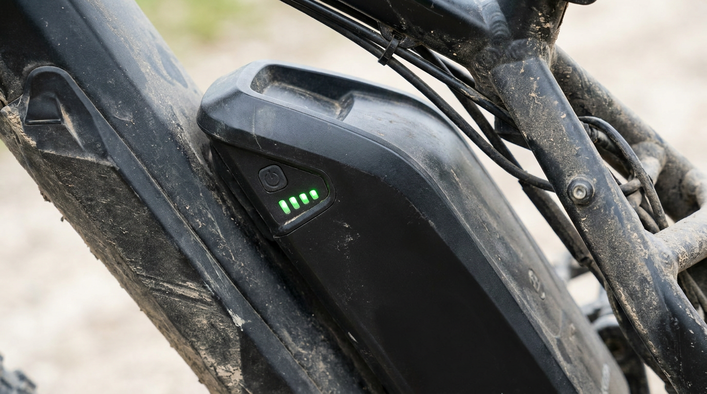 Bateria no quadro de uma bicicleta elétrica com luzes de nível de carga
