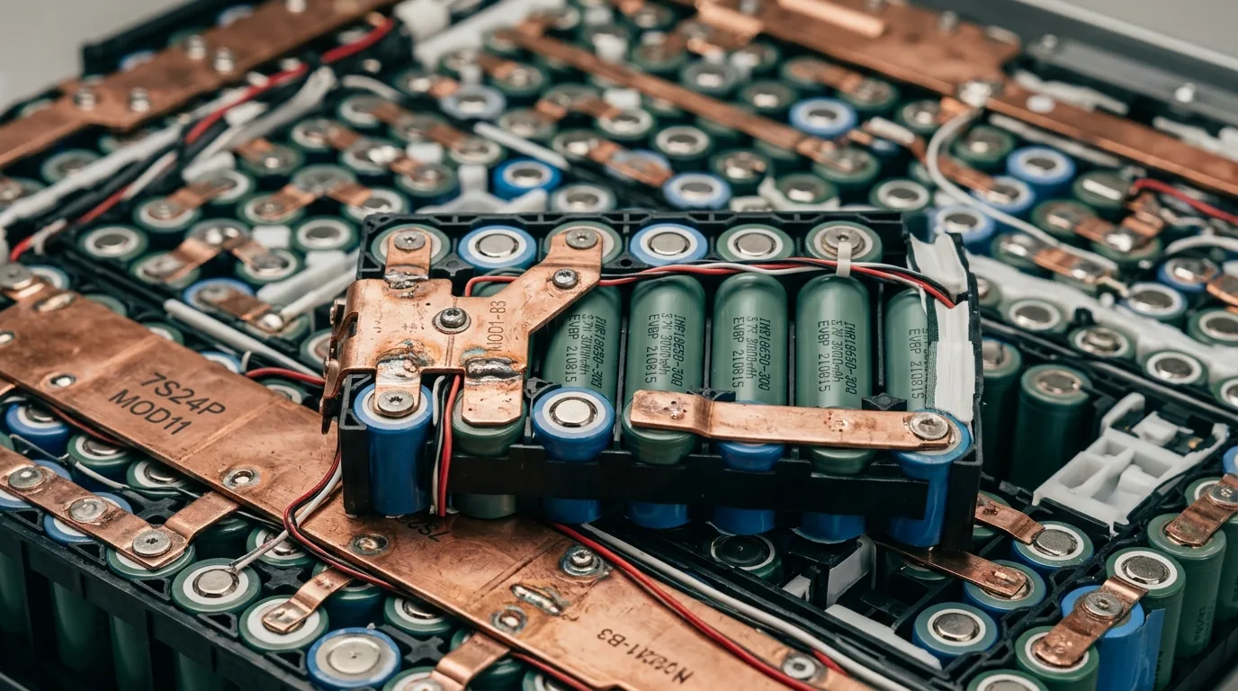 Células de lítio internas de uma bateria de veículo elétrico em detalhe