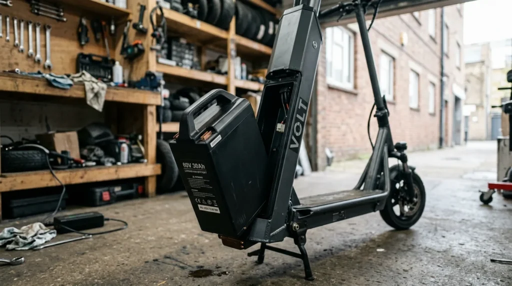 Bateria removível saindo do compartimento de uma scooter elétrica