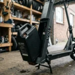 Bateria removível saindo do compartimento de uma scooter elétrica
