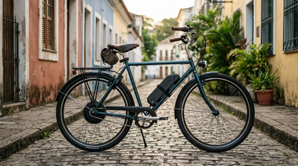 Bicicleta elétrica convertida com kit, motor de cubo e bateria no quadro, em rua de paralelepípedo