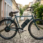 Bicicleta elétrica convertida com kit, motor de cubo e bateria no quadro, em rua de paralelepípedo