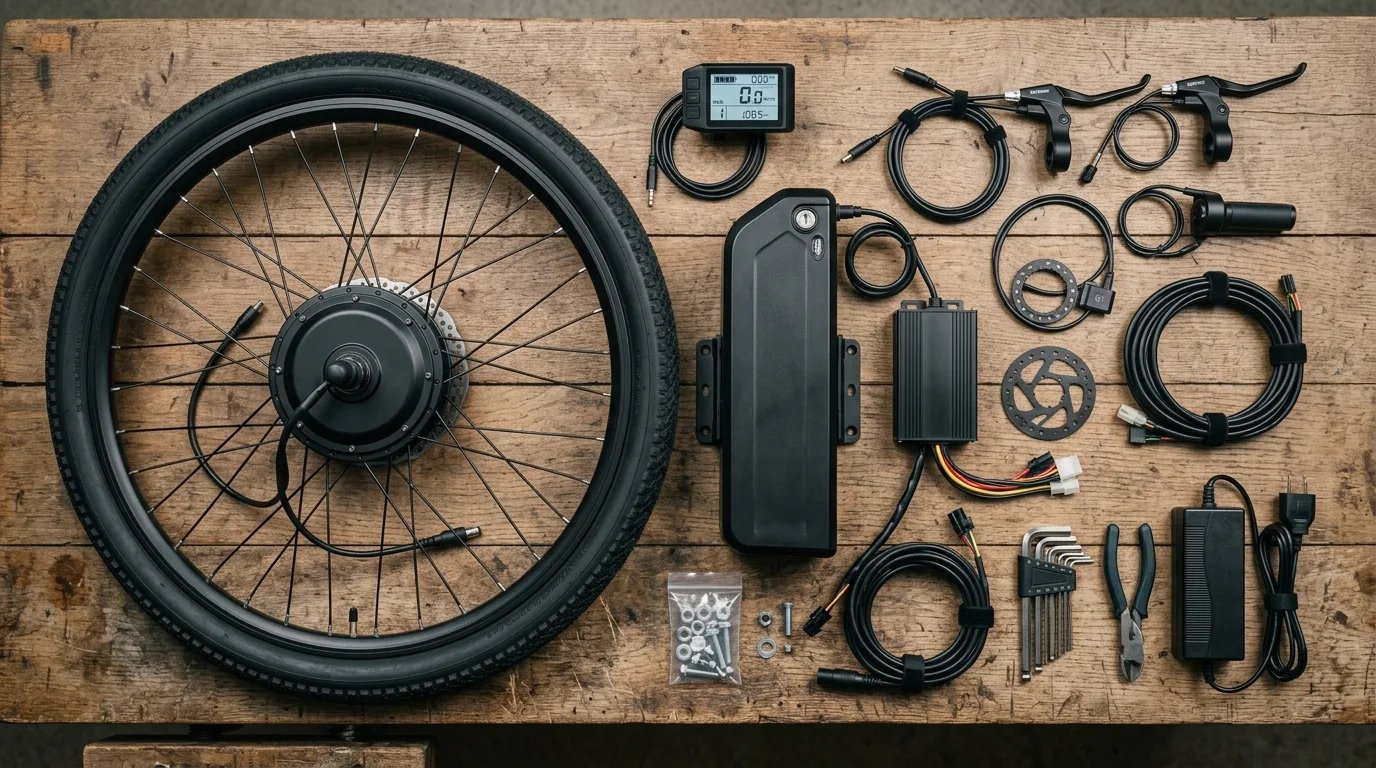 Kit de conversão de bicicleta elétrica com motor de cubo, bateria, controlador e display na bancada