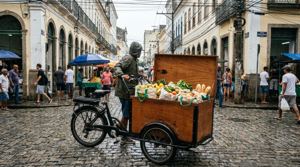 Bicicleta cargueira elétrica com caixa dianteira transportando compras na cidade
