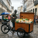 Bicicleta cargueira elétrica com caixa dianteira transportando compras na cidade