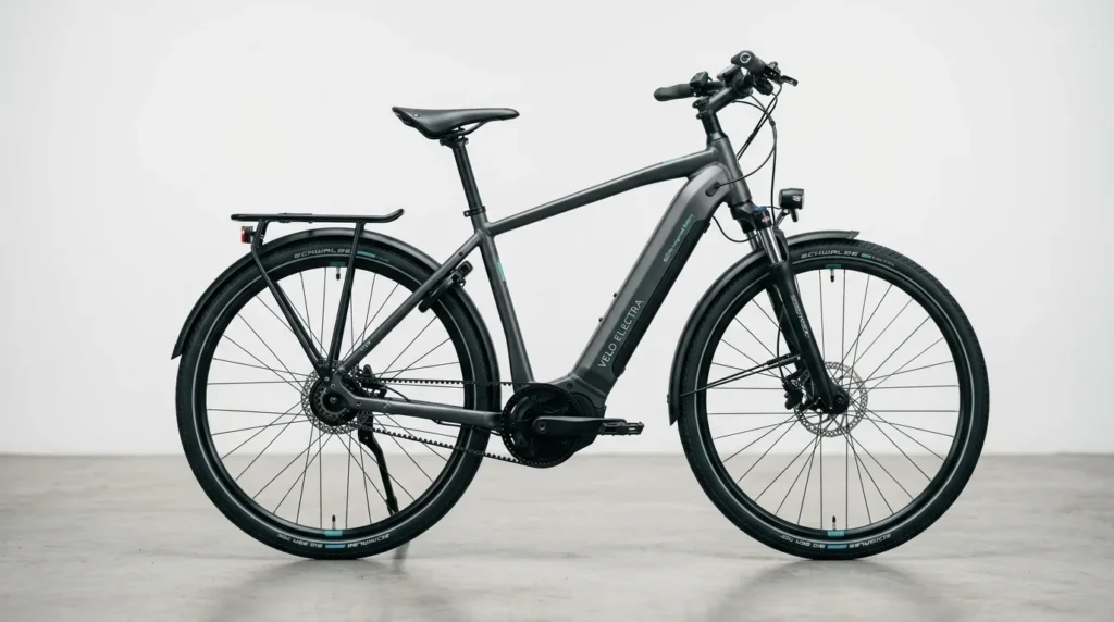 Bicicleta elétrica com motor central e bateria integrada no quadro, vista lateral