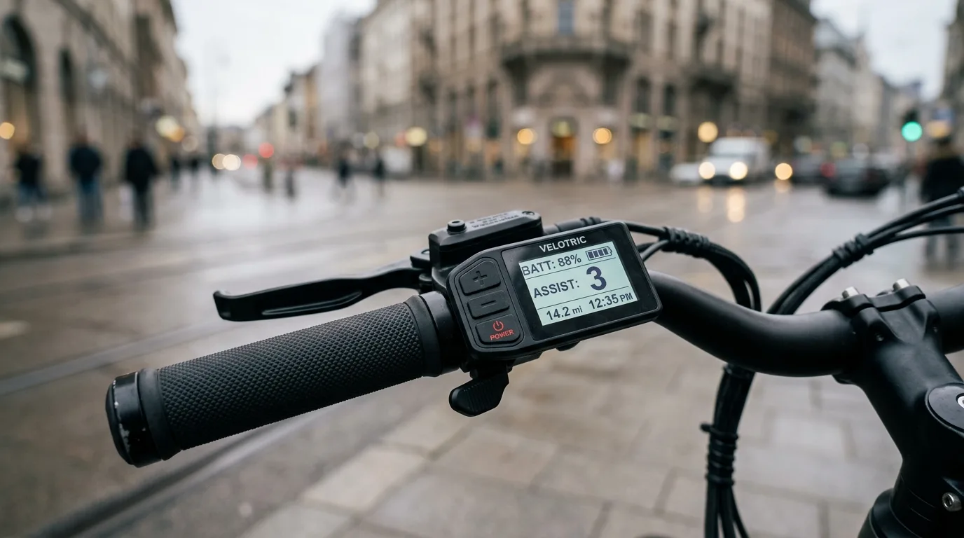 Painel LCD no guidão de bicicleta elétrica mostrando nível de bateria e modo de assistência