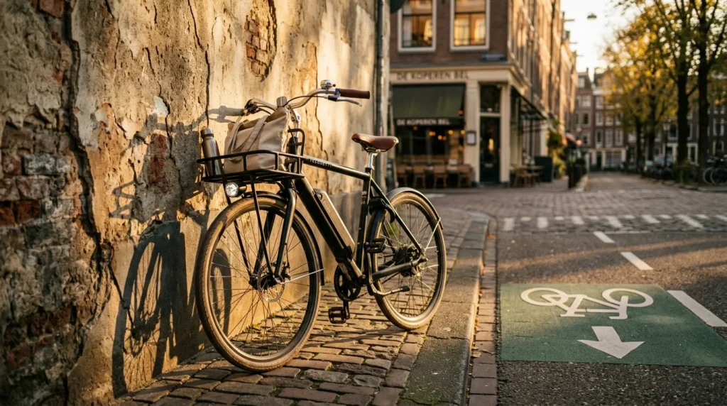 Bicicleta elétrica encostada em parede numa rua urbana ao entardecer, com ciclofaixa
