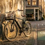 Bicicleta elétrica encostada em parede numa rua urbana ao entardecer, com ciclofaixa