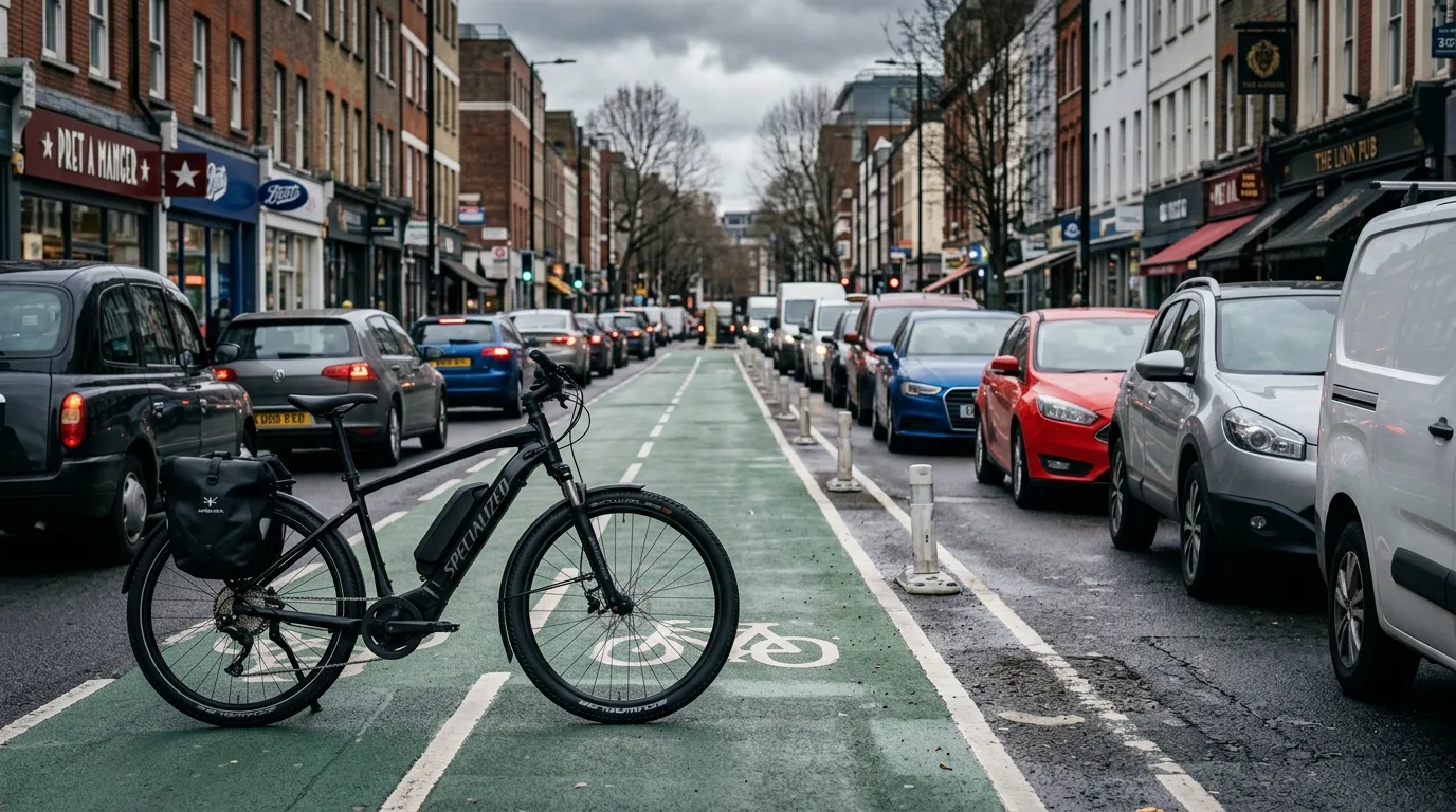 Bicicleta elétrica na ciclofaixa ao lado de carros parados no trânsito da cidade