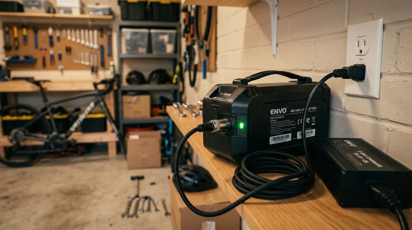 Bateria removível de bicicleta elétrica carregando em tomada na garagem de casa