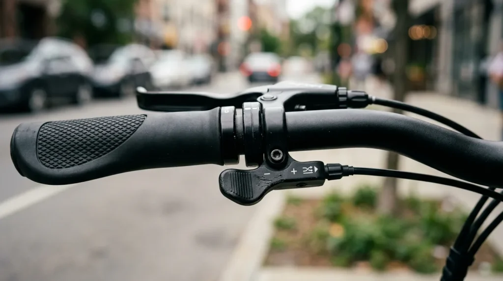Close do acelerador a punho no guidão de uma bicicleta elétrica