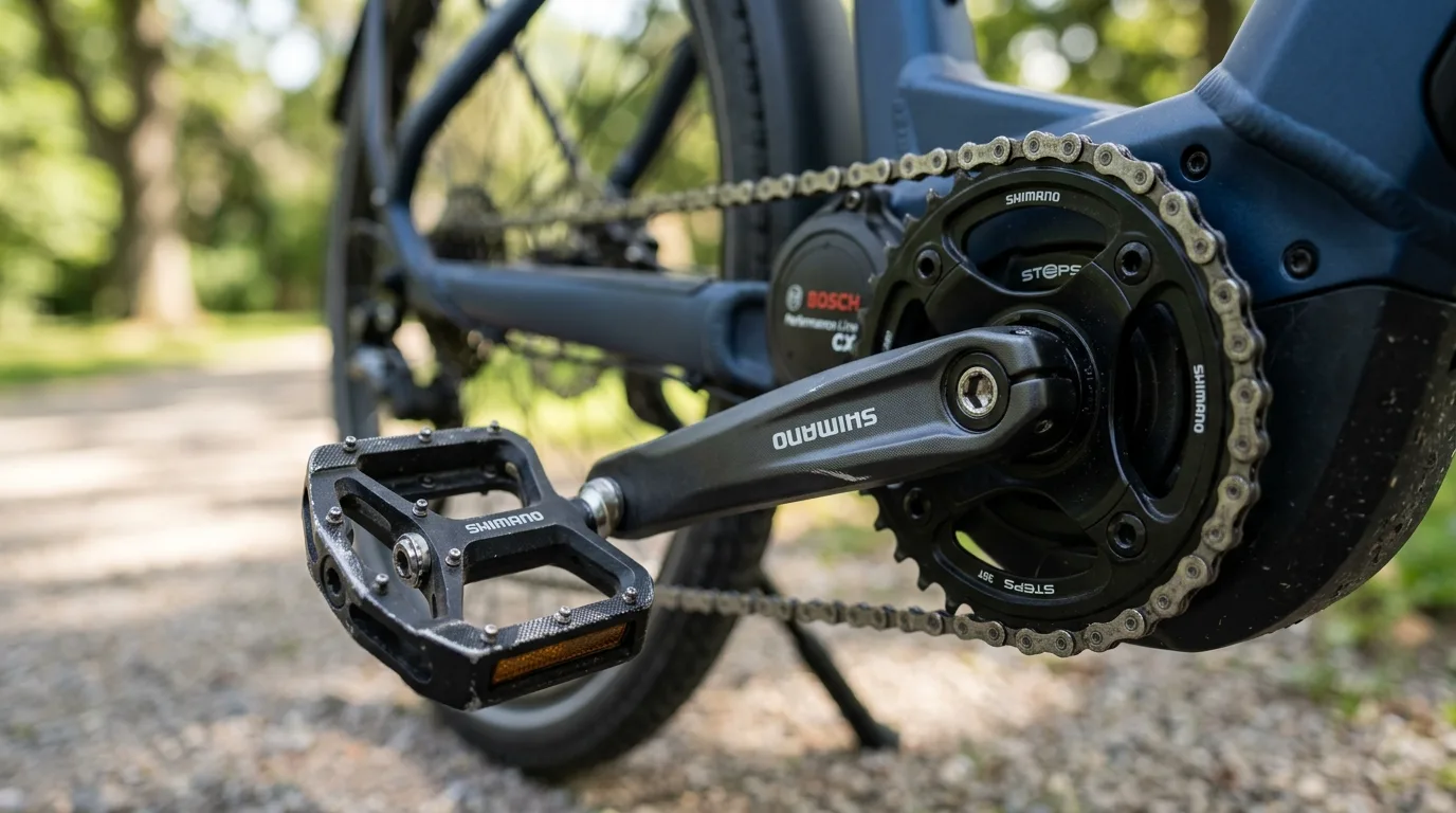 Detalhe dos pedais e do pedivela de uma bicicleta elétrica