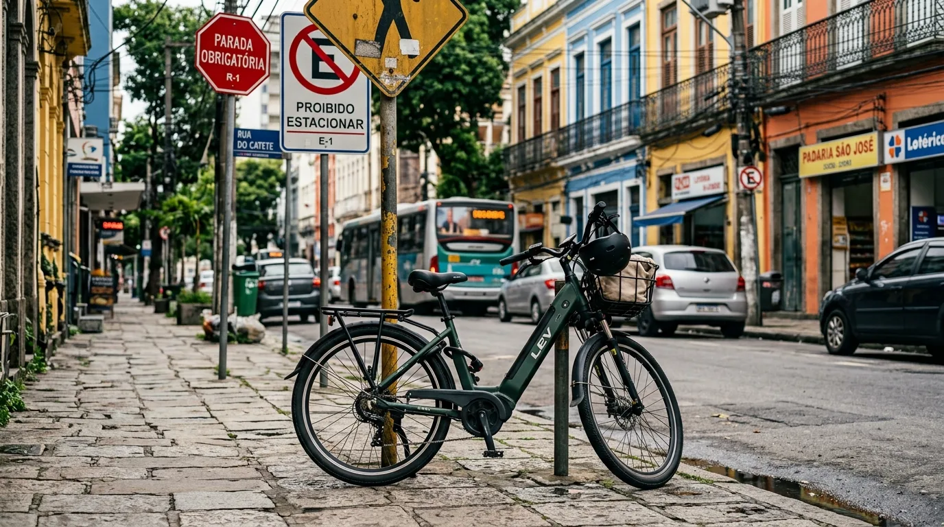 Bicicleta elétrica estacionada em rua urbana ao lado de placas de trânsito