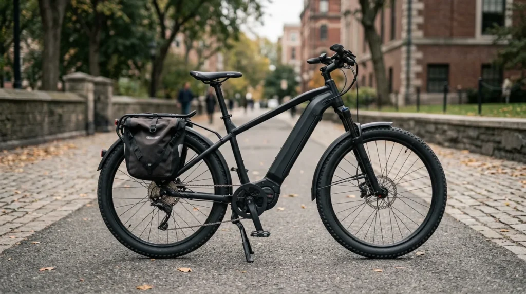 Bicicleta elétrica reforçada de quadro grosso e pneus largos parada em via urbana