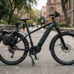 Bicicleta elétrica reforçada de quadro grosso e pneus largos parada em via urbana