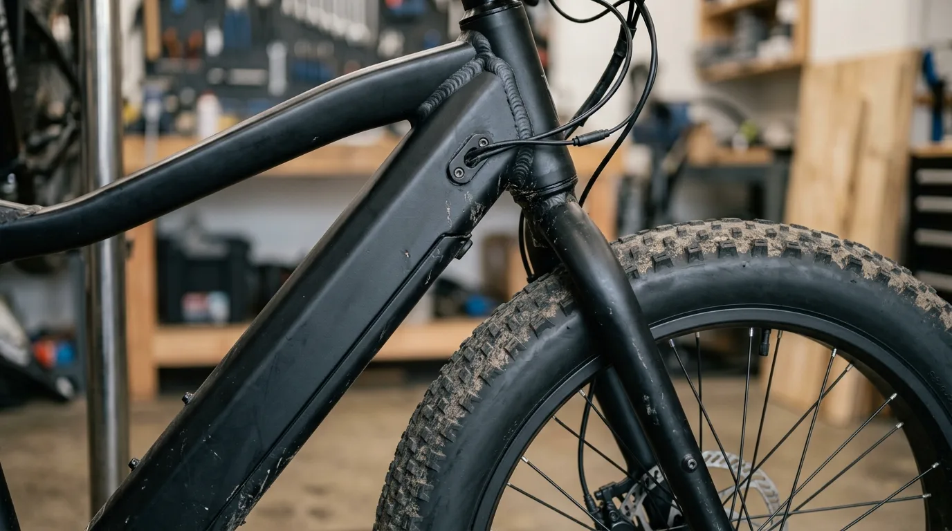 Detalhe do quadro reforçado e do pneu largo de uma bicicleta elétrica