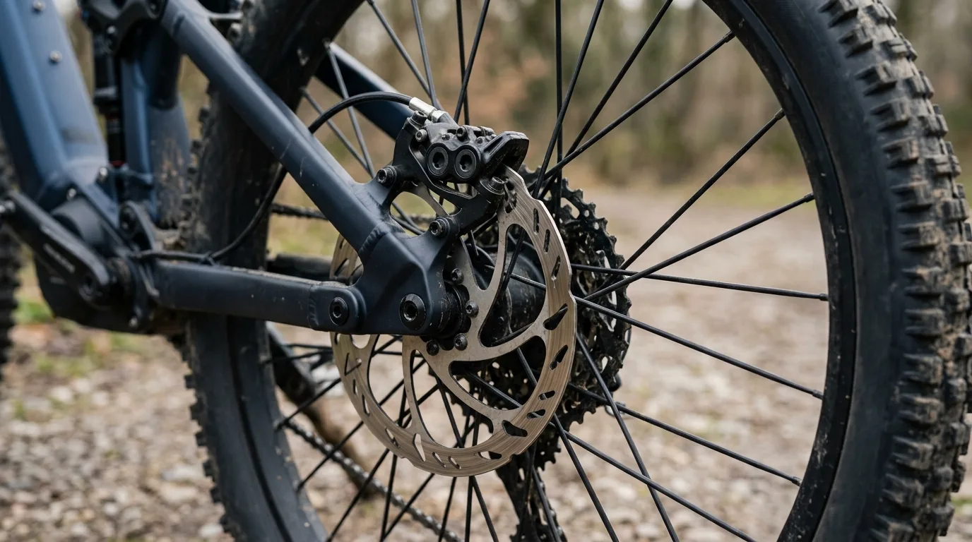 Close do freio a disco hidráulico na roda de uma bicicleta elétrica reforçada