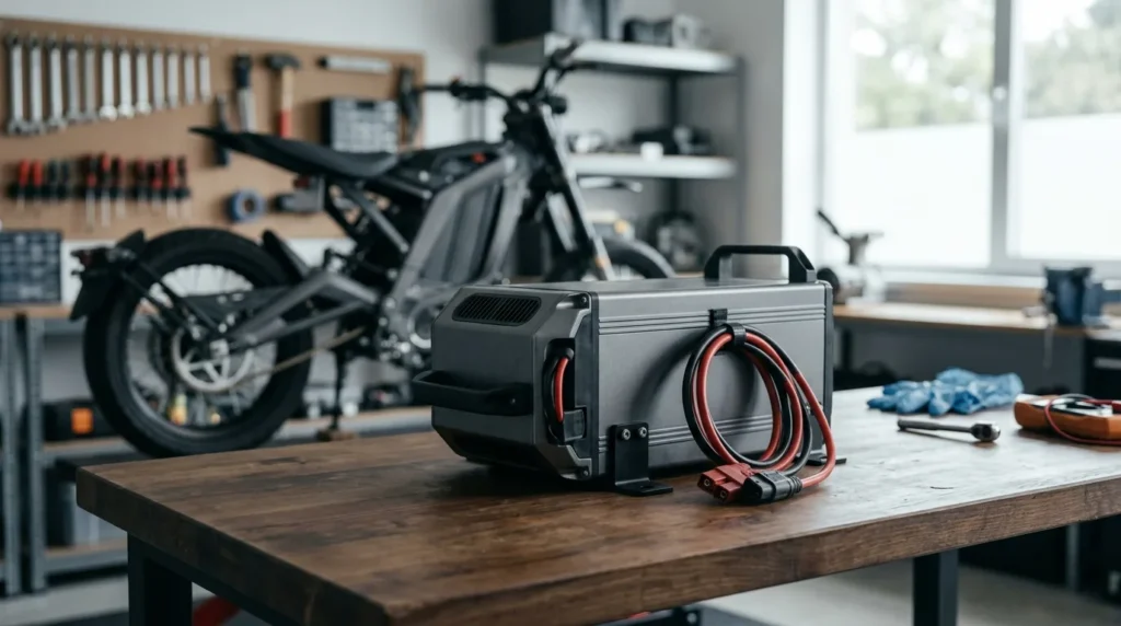 Bateria de lítio retirada de uma moto elétrica sobre a bancada em garagem ventilada