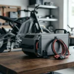 Bateria de lítio retirada de uma moto elétrica sobre a bancada em garagem ventilada