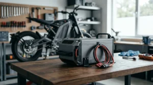 Bateria de lítio retirada de uma moto elétrica sobre a bancada em garagem ventilada