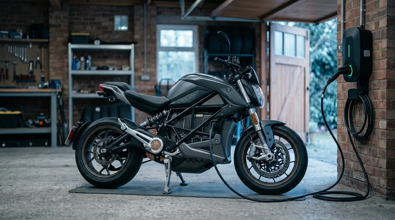 Moto elétrica carregando em garagem ventilada, longe do sol direto